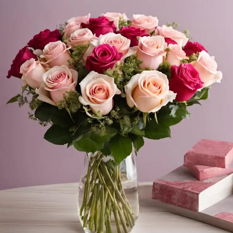 Fresh Rose hand tied in a Glass Vase 1 A lush luxury bouquet featuring soft pink and magenta roses arranged in a clear glass vase with roses foliage.