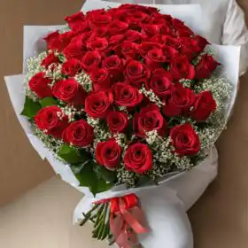Large Bouquet of Red Roses in White Wrapping