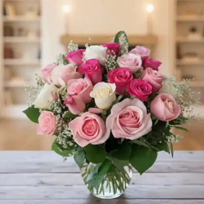 Handcrafted hot pink and white rose bouquet with fresh green foliage in a transparent glass vase.