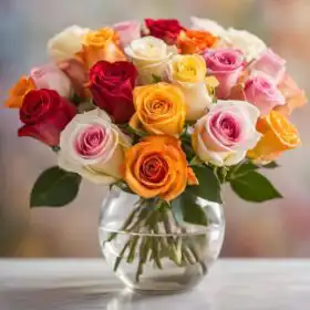 Sunset Harvest: Multi-Color Rose in a Glass Vase