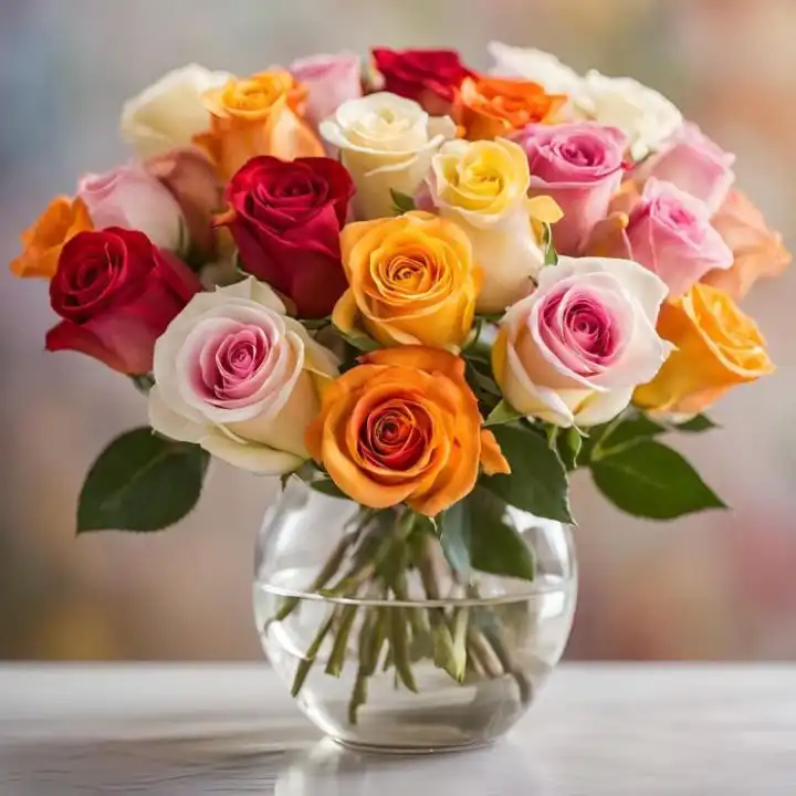 Sunset Harvest: Multi-Color Rose in a Glass Vase 1 A vibrant bouquet of fresh red, pink, orange, and white Rose in a Glass Vase on a marble surface.
