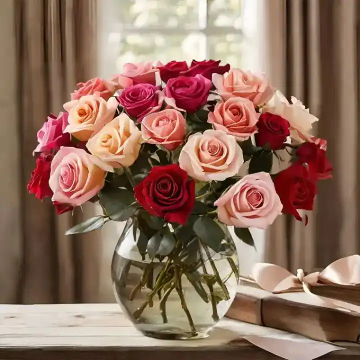 Radiant Pastel Pink Rose Bouquet in Luxury Glass Vase 1 A stunning pastel pink rose bouquet displayed in a clear luxury glass vase on a bright surface.