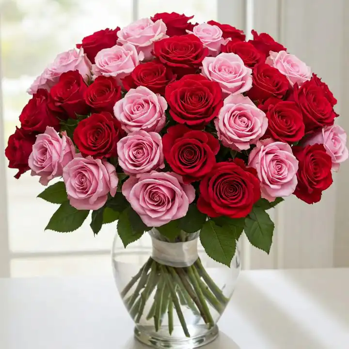 Radiant Romance: Red and Pink Rose Bouquet 1 A stunning red and pink roses bouquet arranged with fresh green leaves and elegant wrapping for a romantic gift.