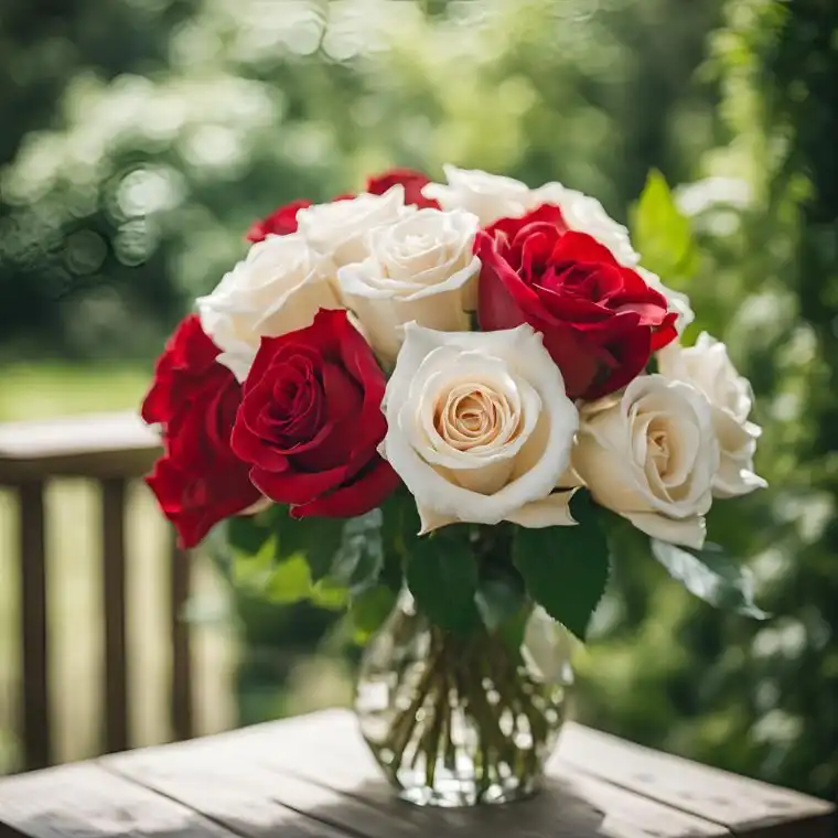 The Classic Harmony Bouquet: Red & White Roses 1 Hand-tied red and white bouquet of roses accented with fresh green eucalyptus leaves in a luxury wrap.
