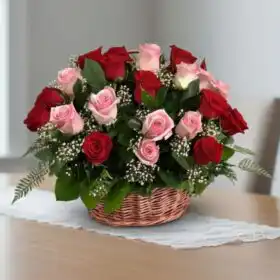 Romantic Red & Pink Roses Basket