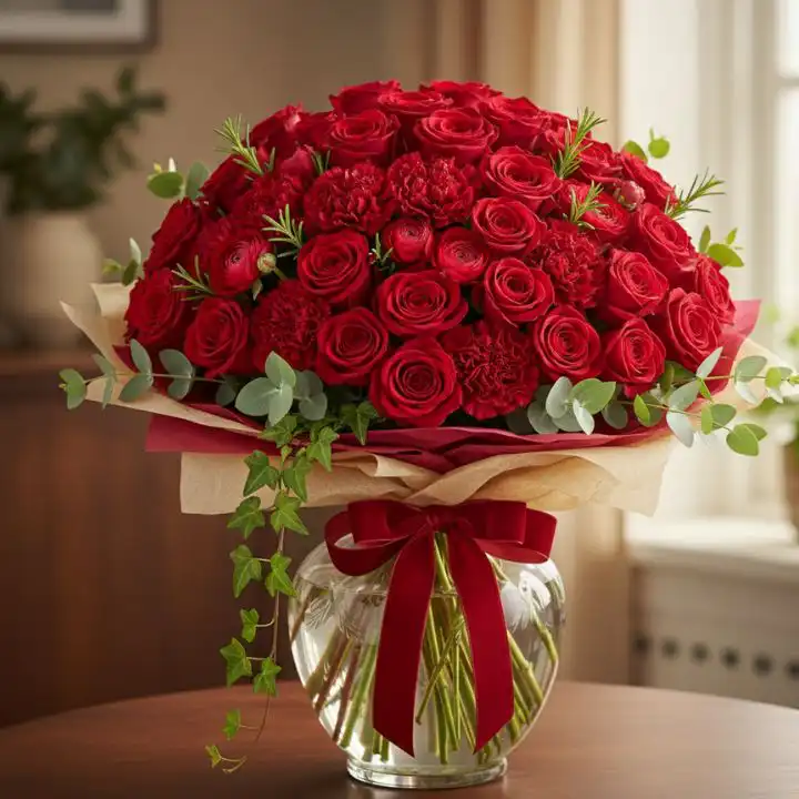 The Centennial Classic: 100 Long-Stem Red Roses 1 A dense luxury red roses bouquet 100 arrangement featuring fresh crimson blossoms, eucalyptus leaves, and a red velvet ribbon.