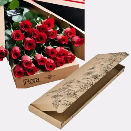 Hand-delivered valentine day flower gift featuring fresh long-stem red roses in a premium tan gift box.