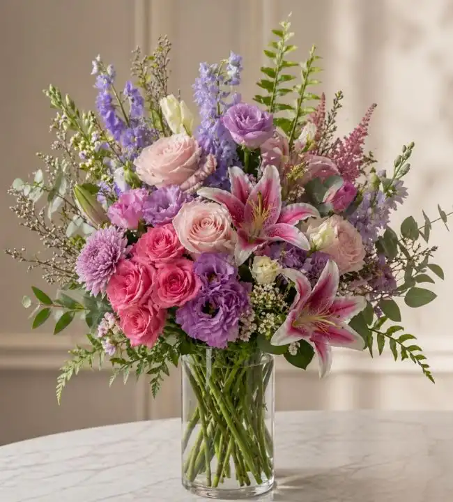 Alstroemeria, Roses, Chrysanthemums in Glass Vase 1 Alstroemeria and Rose Bouquet