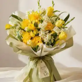 Handcrafted White Freesia and Yellow Narcissus Flower Bouquet