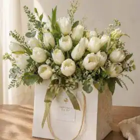 White tulips in a basket