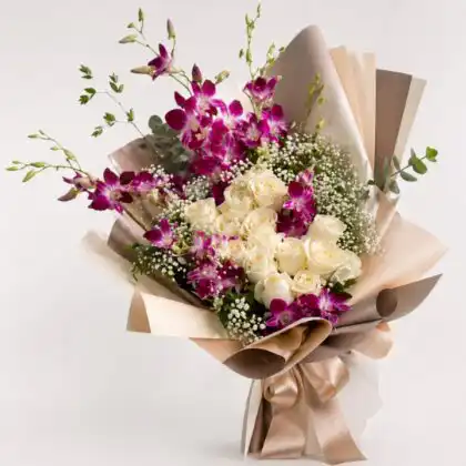 White Roses and Purple Orchid Bouquet