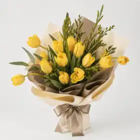 Vibrant Yellow Tulips and Mimosa Hand-Tied Bouquet