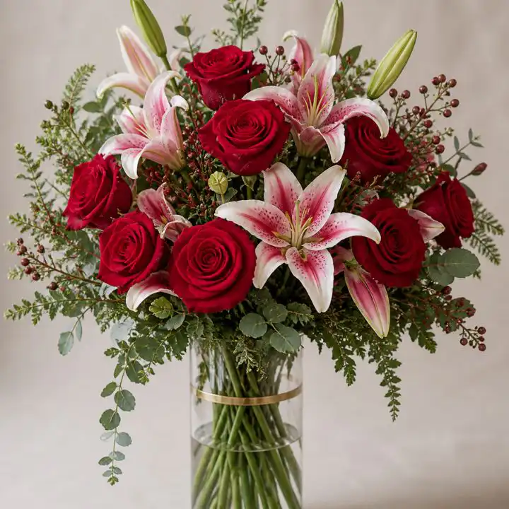 Red Rose Pink Lily Bouquet 1 bouquets with lilies and roses