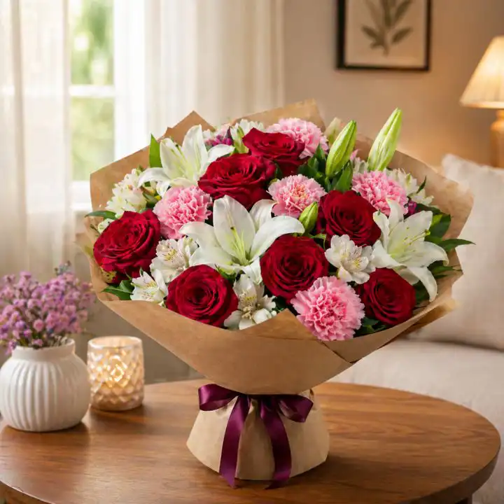 Timeless Ruby & White Masterpiece Bouquet 1 chrysanthemum and roses flower arrangement