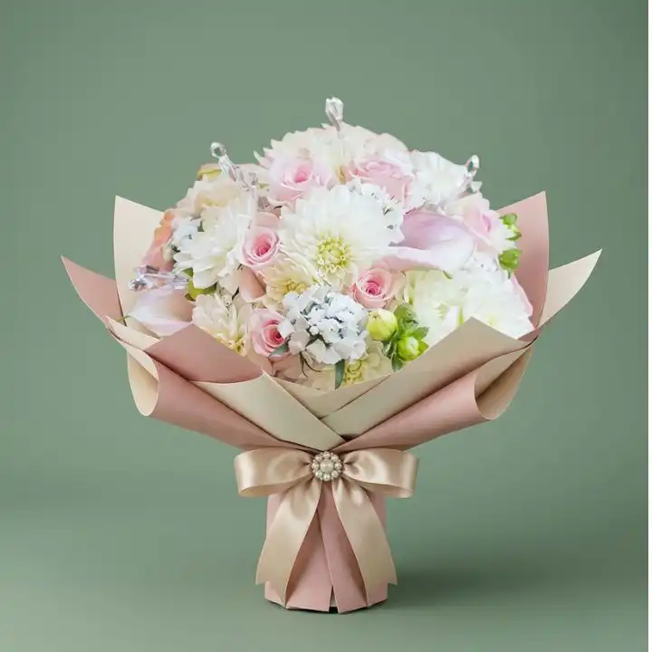 The Luxe Dahlia & Rose Bouquet 1 A vibrant dahlia and rose bouquet elegantly arranged with fresh greenery for a luxury aesthetic.
