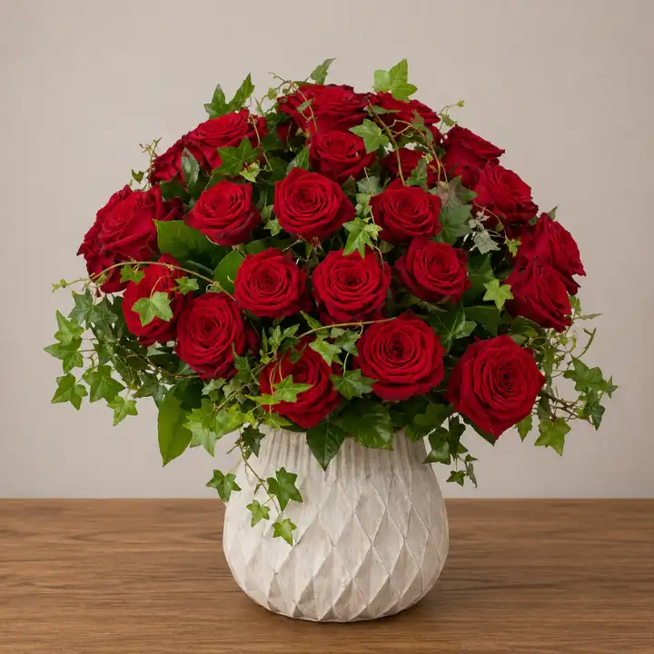 Classic Deep Red Roses Hand‑Tied in Vase 1 deep red roses_