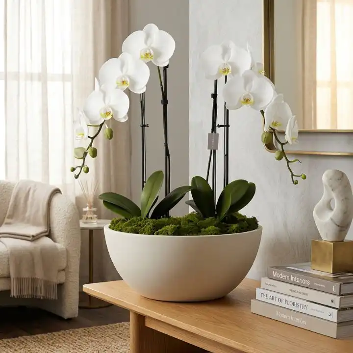 Luxury White Phalaenopsis Orchid in Matte Ceramic 1 Elegant white phalaenopsis orchid plants blooming in a minimalist matte ceramic pot for home decor.