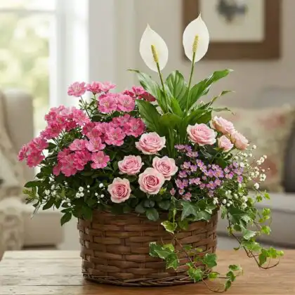 A rustic basket holding mixed flower pot arrangements featuring pink roses, white peace lilies, and green ivy.