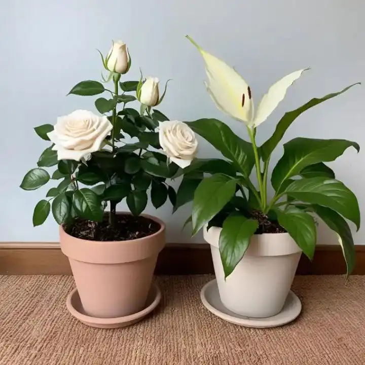 White rose and peace lily Plants delivery 1 Fresh white peace lilies and roses growing in decorative ceramic and terracotta pots against a neutral wall.