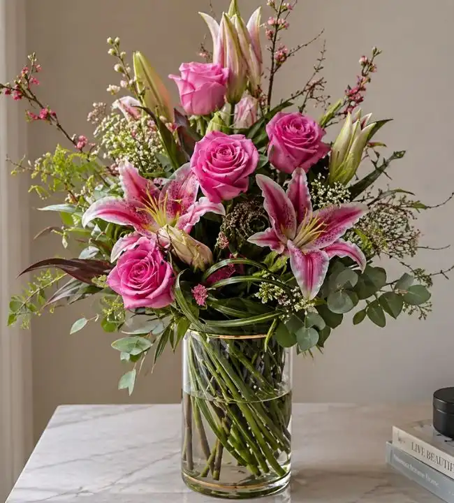 Vibrant Pink Roses & Lilies Bliss 1 pink fresh roses