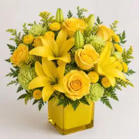 Yellow Roses, Lilies, Carnations Unique Flower Bouquet