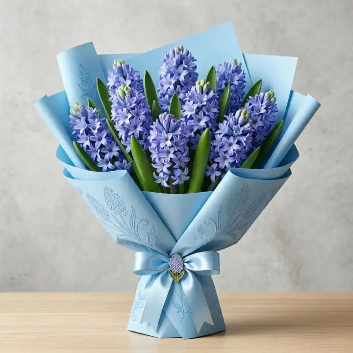 Blue Hyacinth flowers bouquet 1 A fragrant hyacinth flower bouquet featuring vibrant blue blooms wrapped in organic kraft paper for a fresh spring look.
