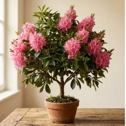 A blooming pink rhododendron plant with lush green leaves in a stylish garden pot.