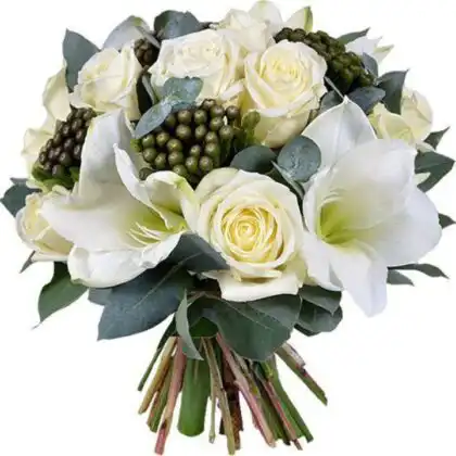 A stunning white amaryllis bouquet mixed with delicate roses and greenery, perfect for elegant wedding celebrations.