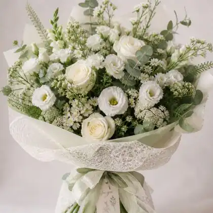 white rose and lisianthus bouquet
