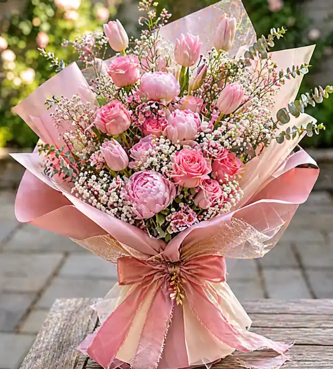 Peonies and Tulips Bouquet with Gypsophila 1 Peonies and Tulips Bouquet