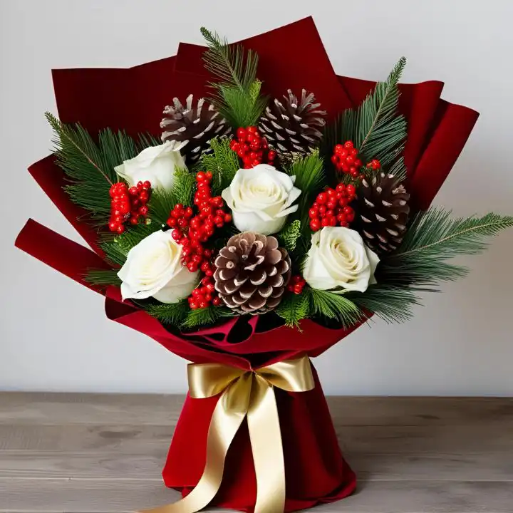 White Rose Christmas Bouquet 2 White Rose Christmas Bouquet with hand-tied roses and festive foliage