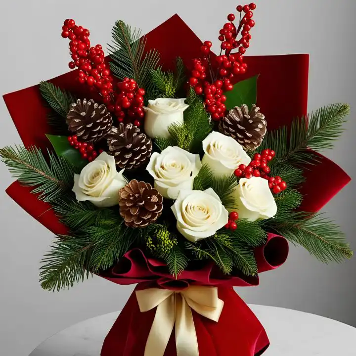 White Rose Christmas Bouquet 1 White Rose Christmas Bouquet with festive greenery and hand-tied white roses