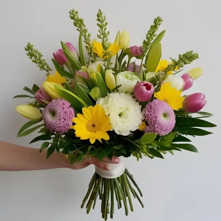 Gerbera & Flower Sunshine Bouquet 1 Luxury gerbera and tulip bouquets arranged with fresh greenery in a soft pink matte-finish gift box