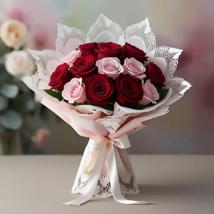 Romantic Pink & Red Roses Hand-Tied Bouquet 1 A fresh hand-tied bouquet featuring vibrant light pink and red roses wrapped in elegant white lace.