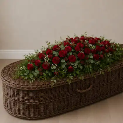 Deep Red Rose Double Ended Coffin Spray on coffin.jpg