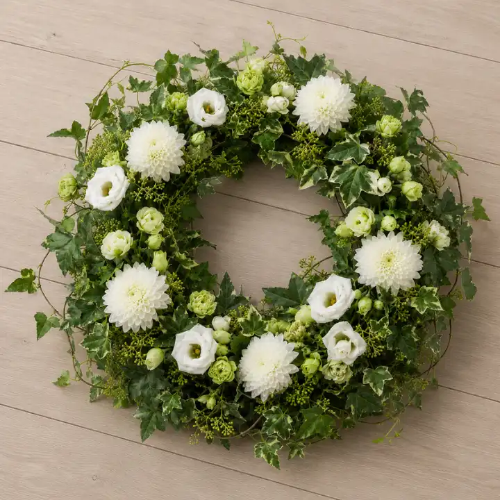 Elegant White Dahlias, Lisianthus & Ivy Memorial Wreath 1 Elegant White Dahlias, Lisianthus & Ivy Memorial Wreath with green Ranunculus