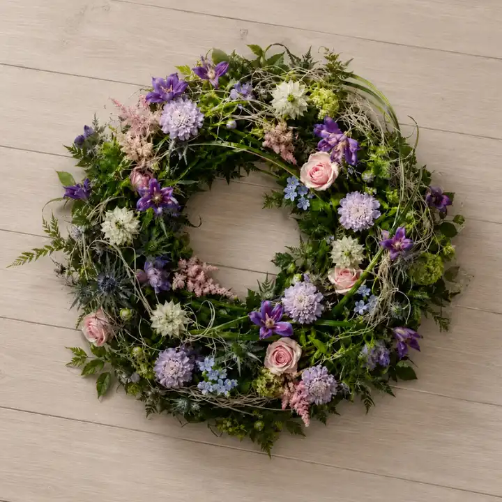 Pink Rose and Purple Clematis Wildflower Wreath 1 Pink Rose and Purple Clematis Wildflower Wreath with Scabiosa , Astrantia , Thistle