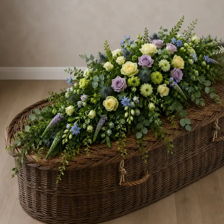 Soft Yellow and Lavender Rose Coffin Spray 1 Soft Yellow and Lavender Rose Coffin Spray on coffin