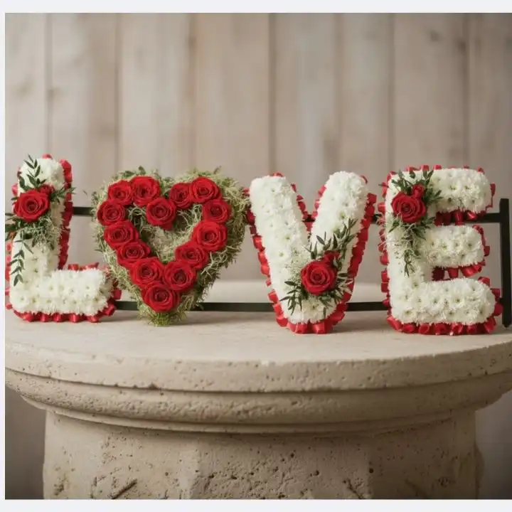 Red Rose & White Mum Tribute Love Letter 1 Tribute love Letter made of fresh red roses and white chrysanthemums on a stone pedestal.