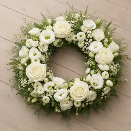 All White Rose & Lisianthus Funeral Wreath whit White Chrysanthemum and Gypsophila (Baby's Breath)