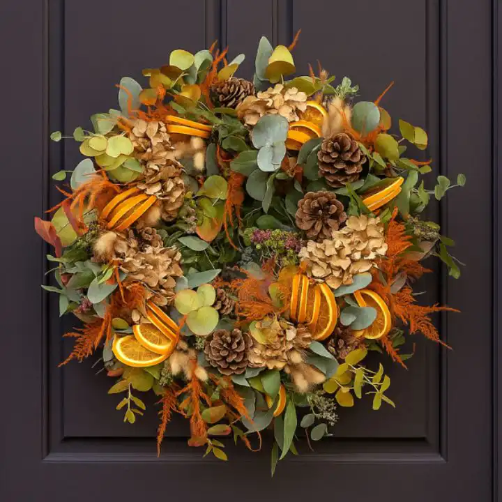 Scented Autumn Door Wreath 1 A vibrant arrangement featuring orange and yellow gerbera daisies, roses, and foliage, which are ideal components for crafting an elegant Autumn door wreath.
