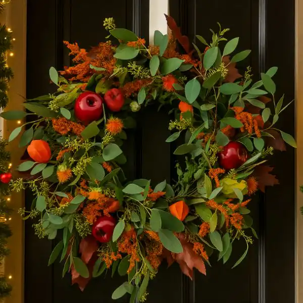 Door Wreaths Autumn 1 A close-up shot of a rustic, handmade autumn door wreath featuring faux orange, red, and yellow leaves and small berries.