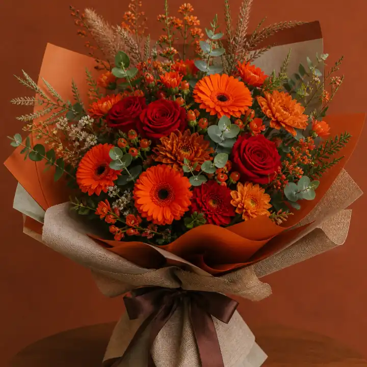 Autumn Firecracker Vase with Red Rose and Gerbera 1 Autumn flower vase arrangement