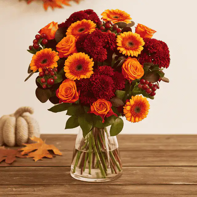 Autumn Rose and Gerbera Vase 1 A beautiful arrangement featuring an orange Autumn Rose and Gerbera Vase design, including yellow and white daisies, displayed in a bright orange gift box.