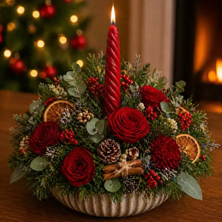 Christmas cracker floral candle arrangement 1 Christmas floral arrangements with candles