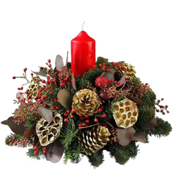Very Berry Christmas Table 1 Classic green and red Christmas table wreath with candles, pine cones, and berries for the holiday season centerpiece.
