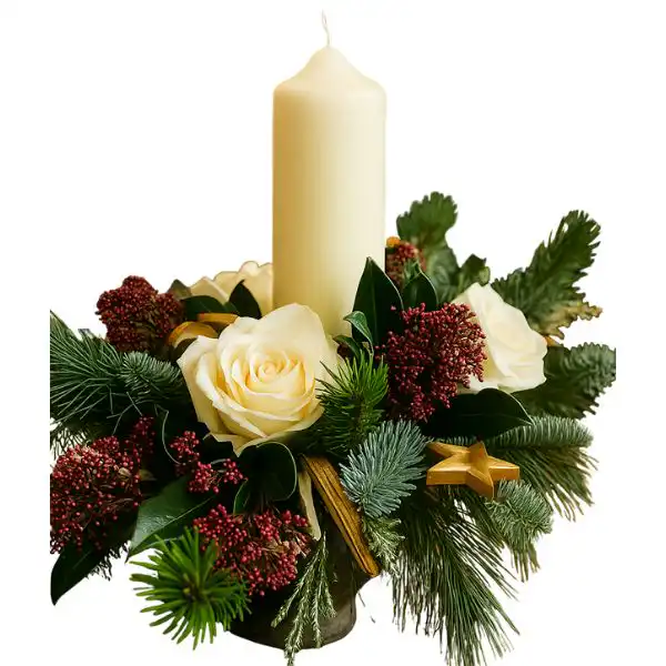 Christmas flower arrangements with candles 1 A stunning centerpiece featuring Christmas flower arrangements with candles, set on a wooden table, ready for a festive dinner.