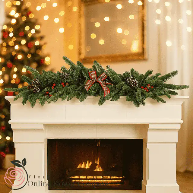 Luxury Christmas Garland for Fireplace 1 Elegant luxury Christmas garland with lush foliage and ornaments decorating a cozy fireplace. Luxury Christmas Garland for Fireplace for sale