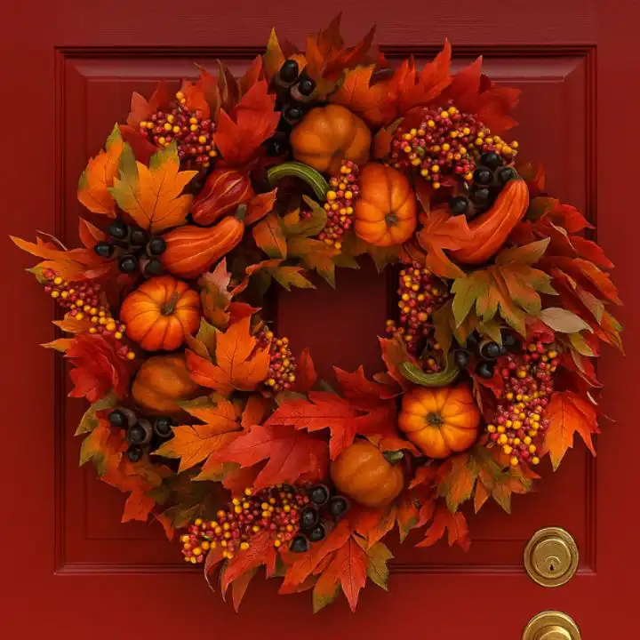 Pumpkin Surprise Door Wreath 1 A dense, vibrant Pumpkin Surprise Door Wreath featuring mini pumpkins, autumn leaves in red and orange, and mixed berries, hanging on a bright red door.