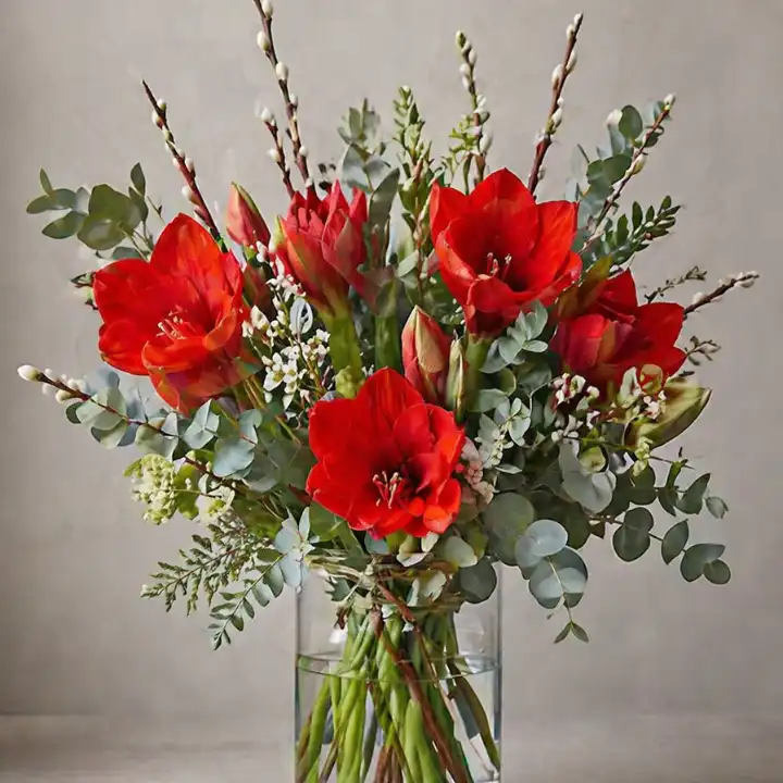Red amaryllis flowers Bouquet with vase 1 Red amaryllis flowers